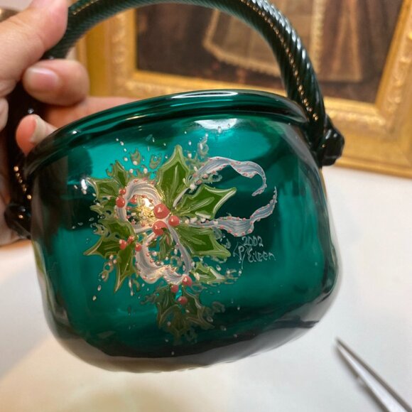 Pairpoint Nantucket Basket Handmade Painted Christmas Berries Leaves Eileen 2002 - Picture 2 of 10